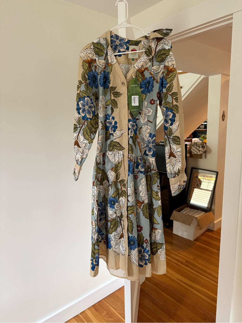 FARM Rio: Garden scarf blue long sleeve midi dress